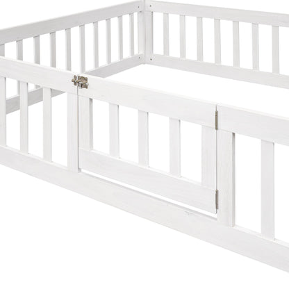Full Size Wood House Bed with Fence and Door White Wash