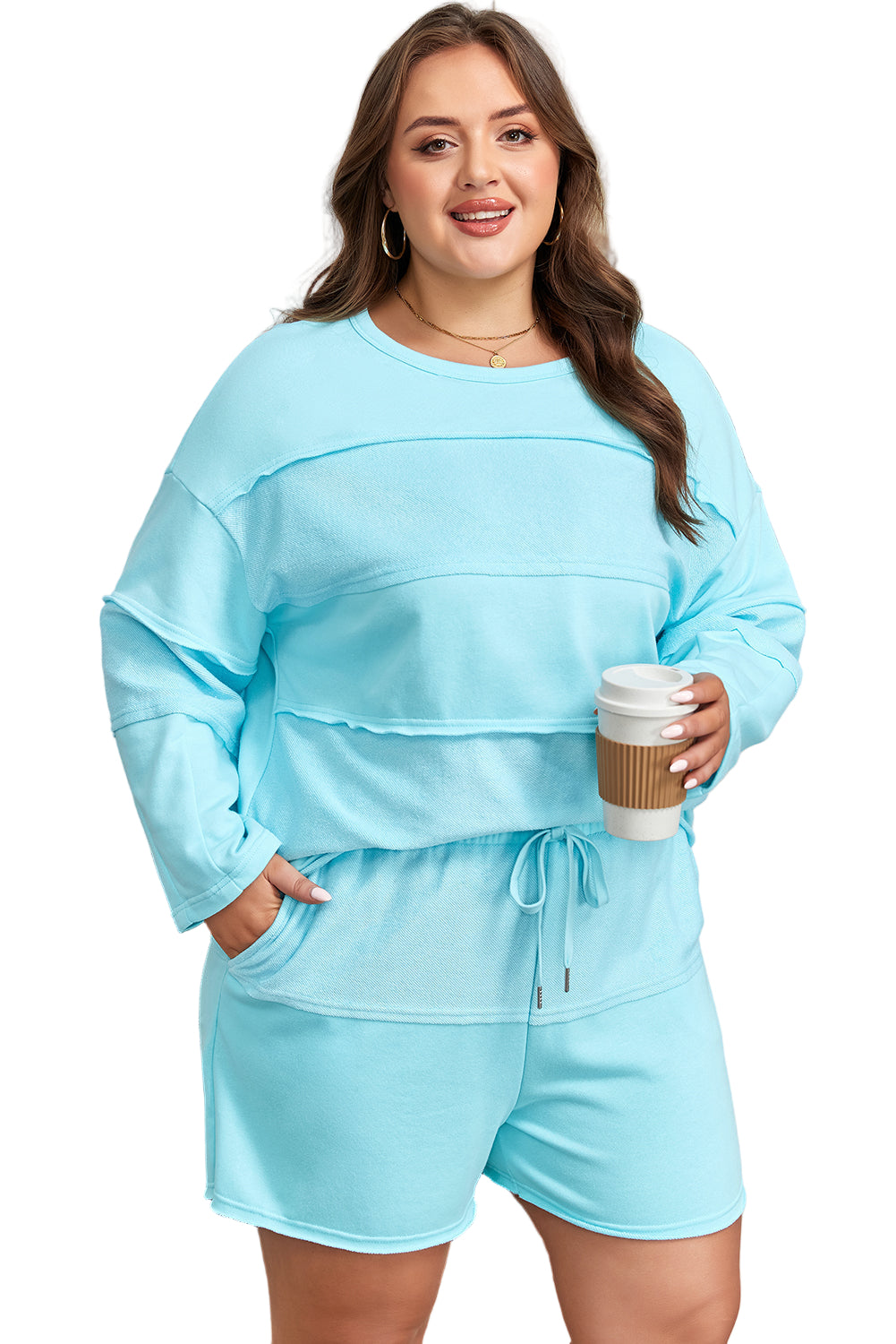 Aruba Blue Plus Size Solid Color Splicing Raw Hem Pullover Top Shorts Set Garden Naked Curves