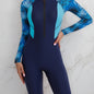 Colorblock Long Sleeves One-Piece Swimsuit Women, Zip Front Rash Guard Round Neck Tummy Control Bathing Suit, Women's Swimwear & Clothing NovaCart