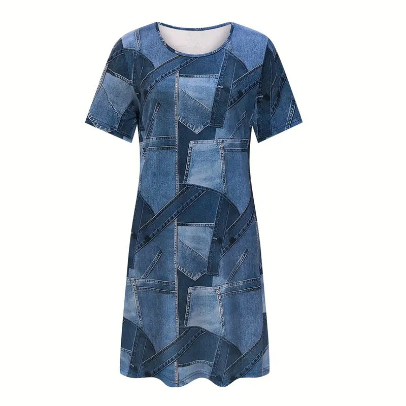 Women's Plus Size Digital Print Denim-Look Short Sleeve Dress FitiqueFit