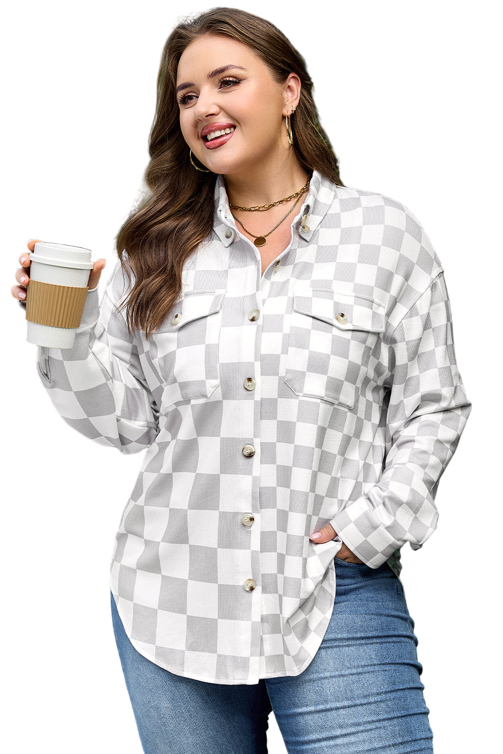 Khaki Plus Size Checkered Buttoned Down Casual Western Jacket Garden Naked Curves