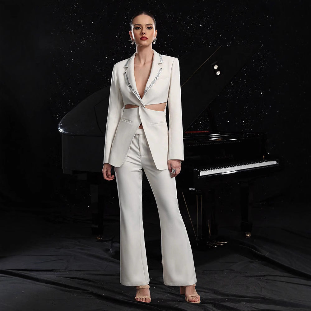 Women's Elegant Hollow-Out Long-Sleeve Suit Jacket & Pants Set FitiqueFit