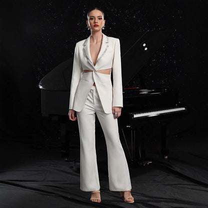 Women's Elegant Hollow-Out Long-Sleeve Suit Jacket & Pants Set FitiqueFit