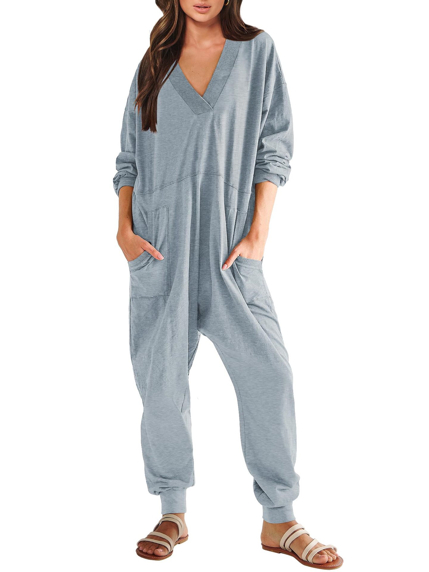 Women’s V-Neck Long Sleeve Solid Color Loose Jumpsuit With Two Side Pockets FitiqueFit