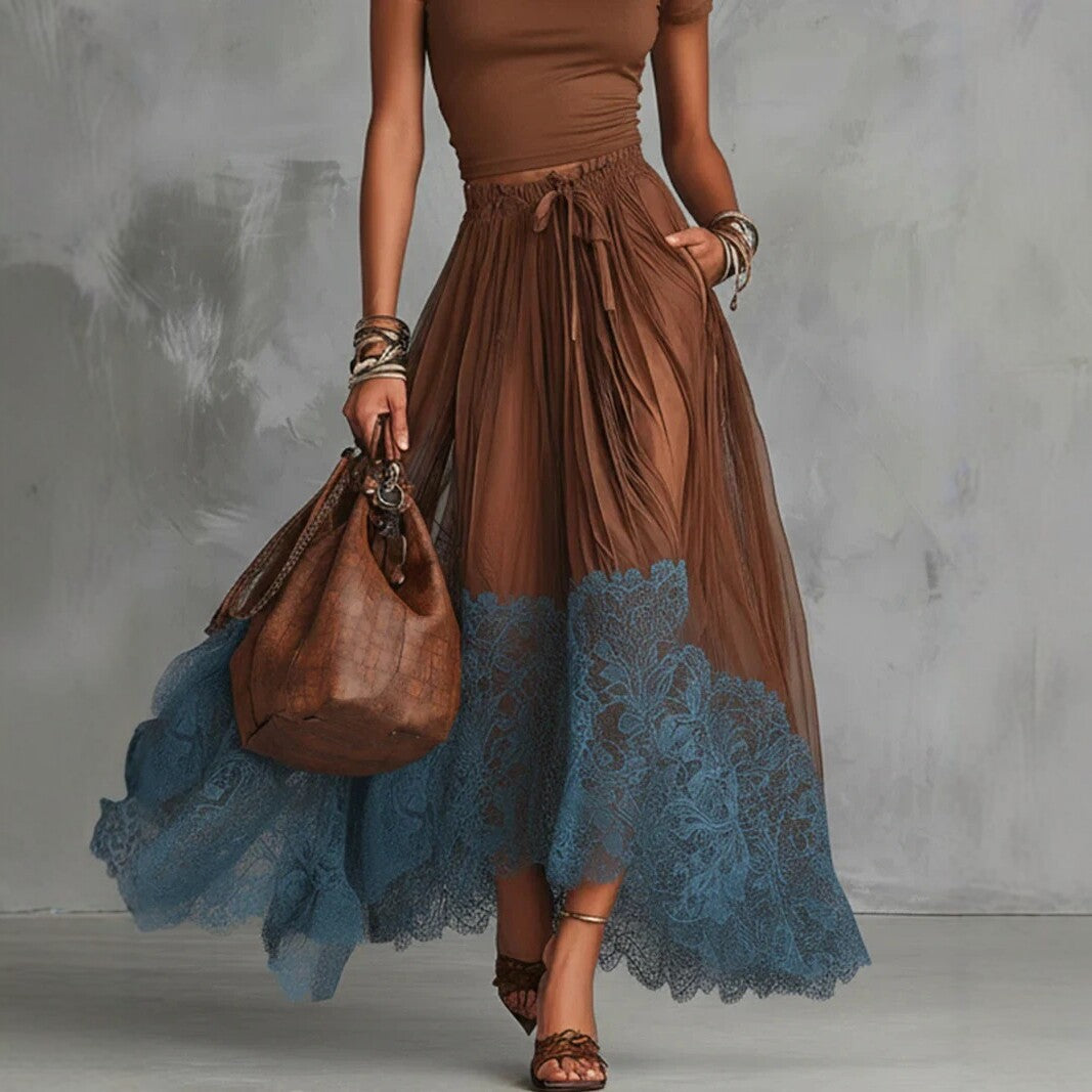 Short-Sleeve Top and Lace-Panel Midi Skirt Set FitiqueFit