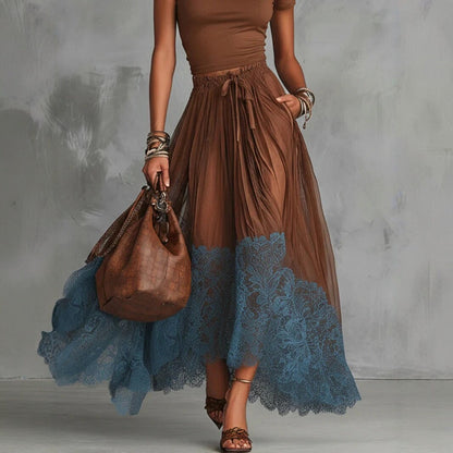 Short-Sleeve Top and Lace-Panel Midi Skirt Set FitiqueFit