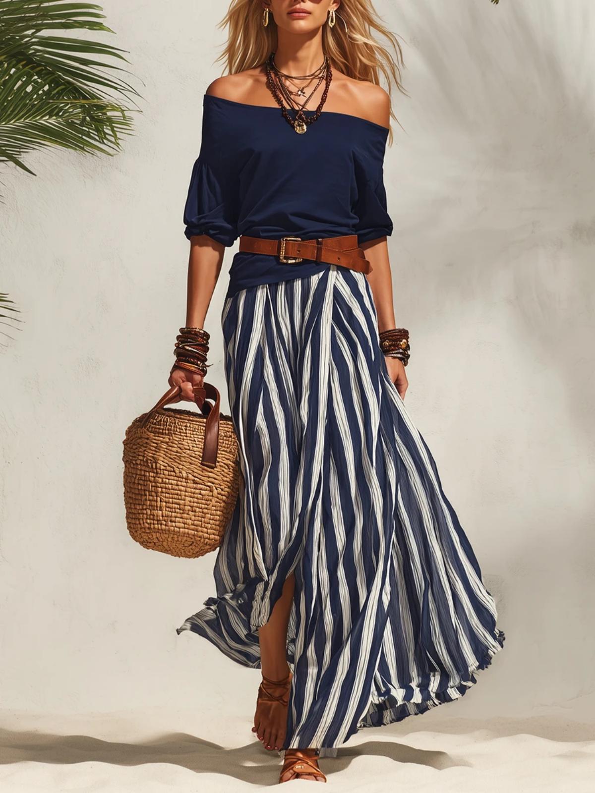 Women's Off-Shoulder Top & Slit Maxi Skirt Set FitiqueFit