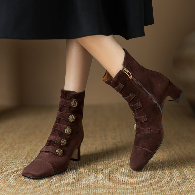 Women’s Retro Suede Chunky-Heel Side-Zip Ankle Boots FitiqueFit