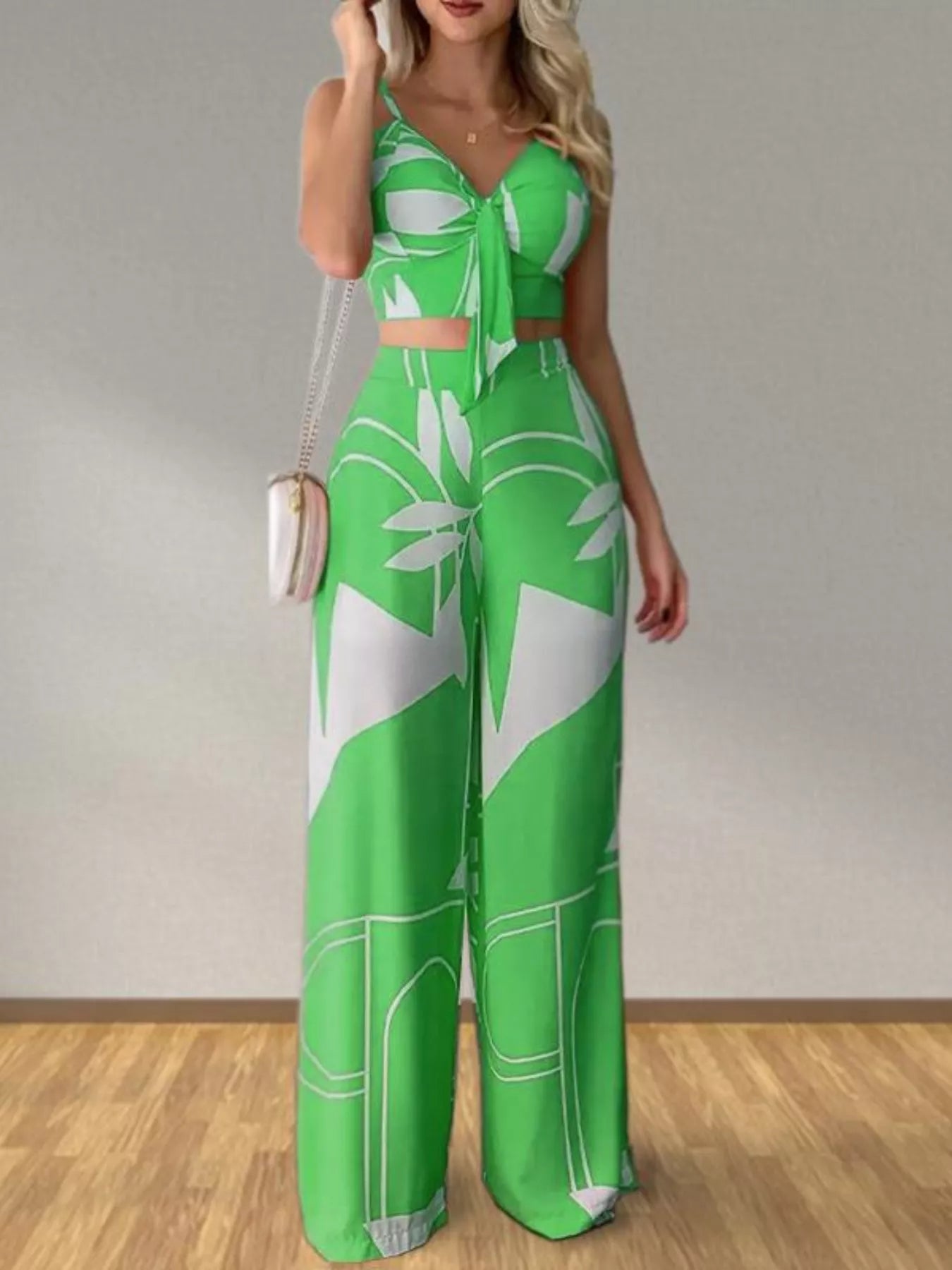 Tropical Print Spaghetti Strap Crop Top and Wide Leg Pants Set New Era Fashion LLc