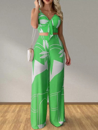 Tropical Print Spaghetti Strap Crop Top and Wide Leg Pants Set New Era Fashion LLc