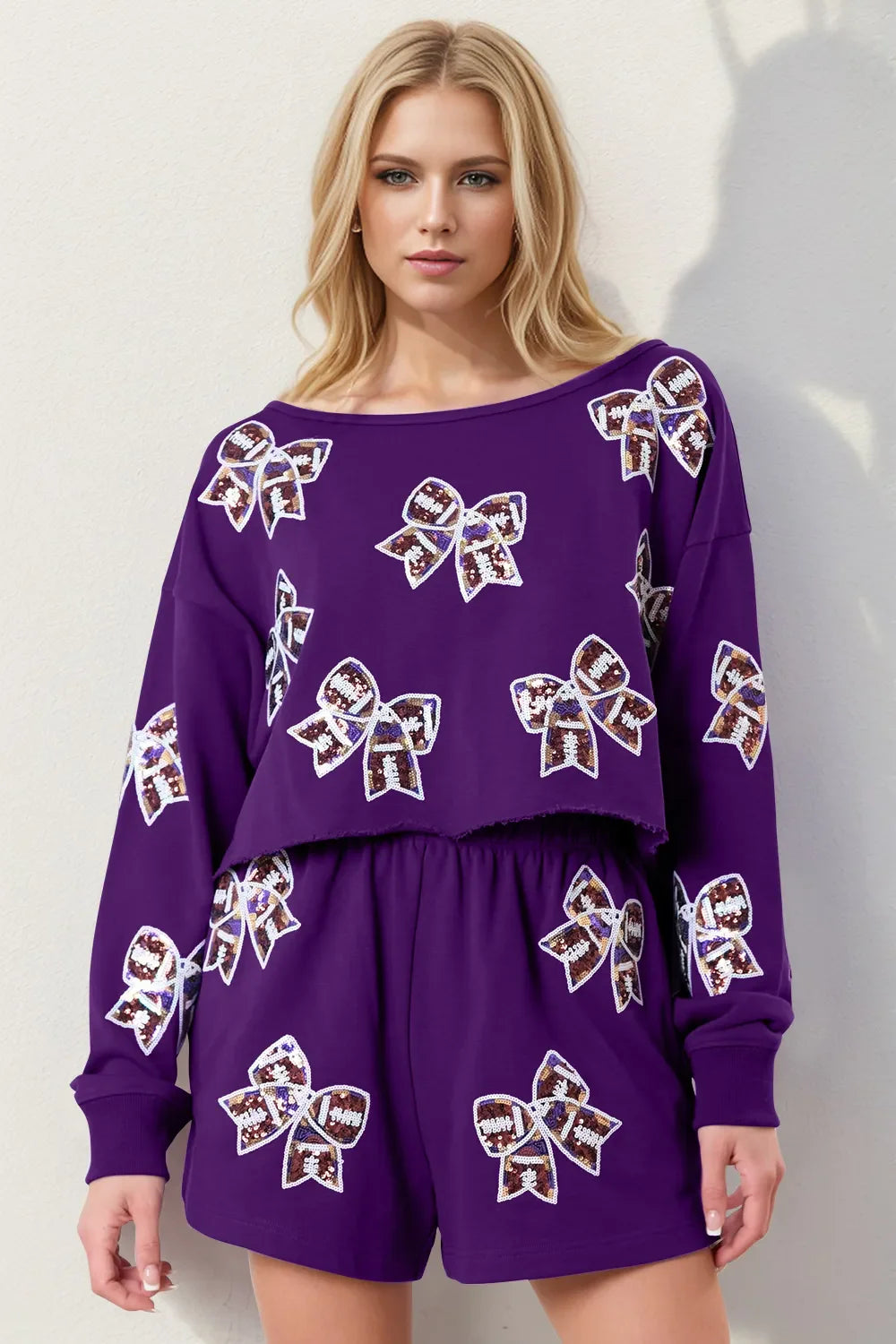 Double Take Sequin Bow Cropped Top and Shorts Set New Era Fashion LLc