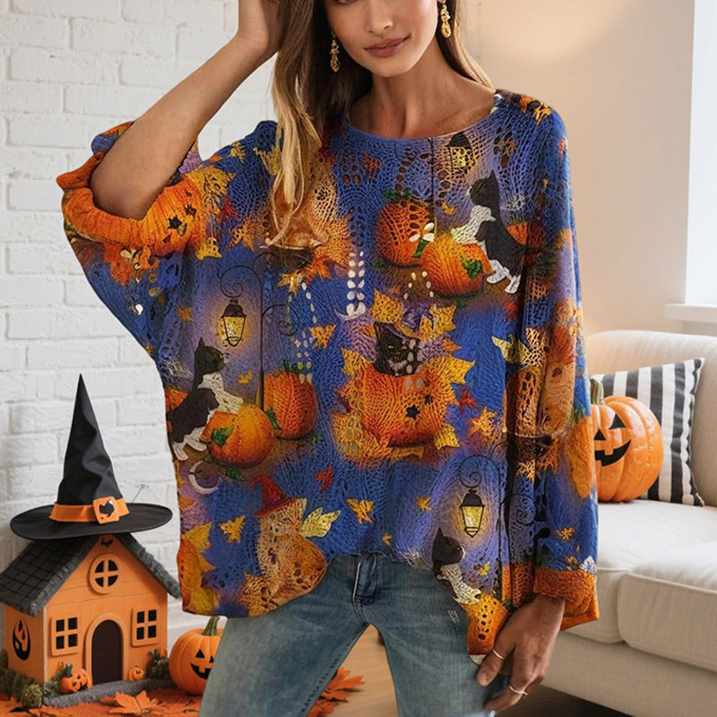 Women’s Hollow Out Batwing Top – Halloween Pumpkin Print Blouse FitiqueFit