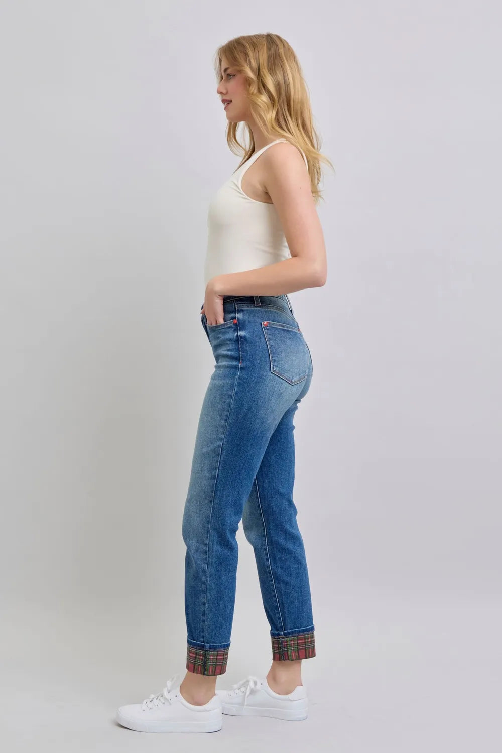 Judy Blue Full Size Plaid Print Cuff Straight Leg Jeans with Pockets New Era Fashion LLc