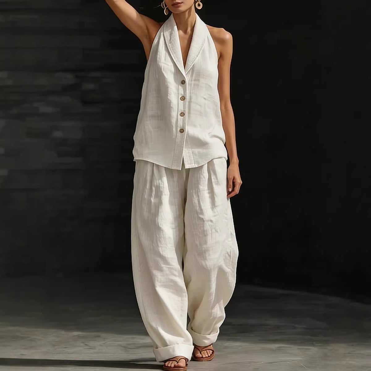Women's Sleeveless Vest & Wide-Leg Pants Cotton-Linen Two-Piece Set FitiqueFit