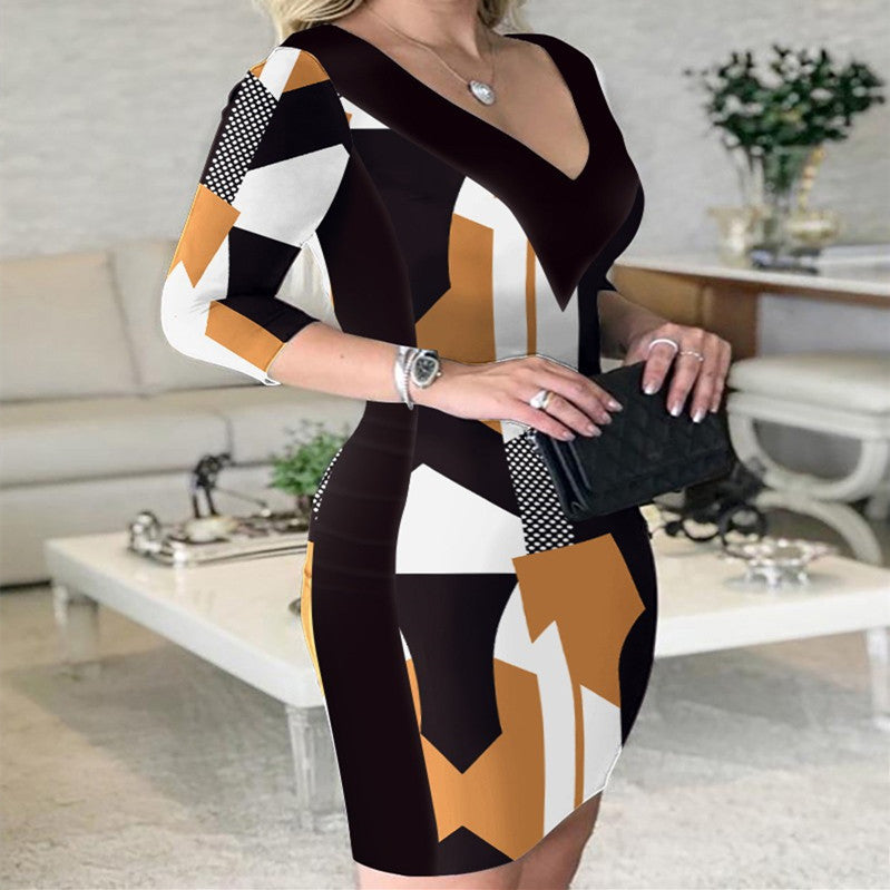 Printed Wrap Hip Skirt V-neck Dress Grayceful LLC