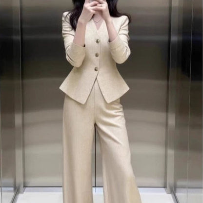 Waist-Grabbing Beige Coat and Wide Leg Pants Set FitiqueFit