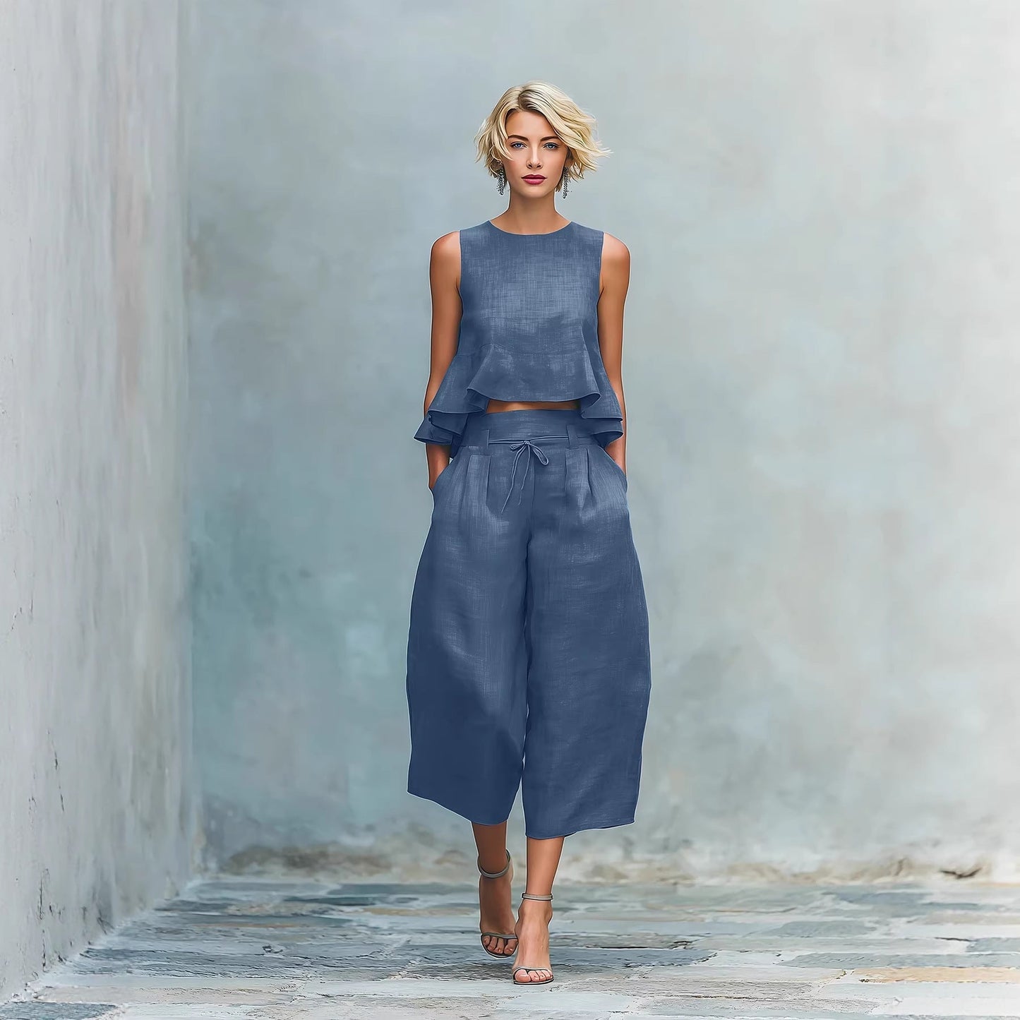 Women’s Linen-Blend Sleeveless Two Piece Set with Ruffled Detailing FitiqueFit