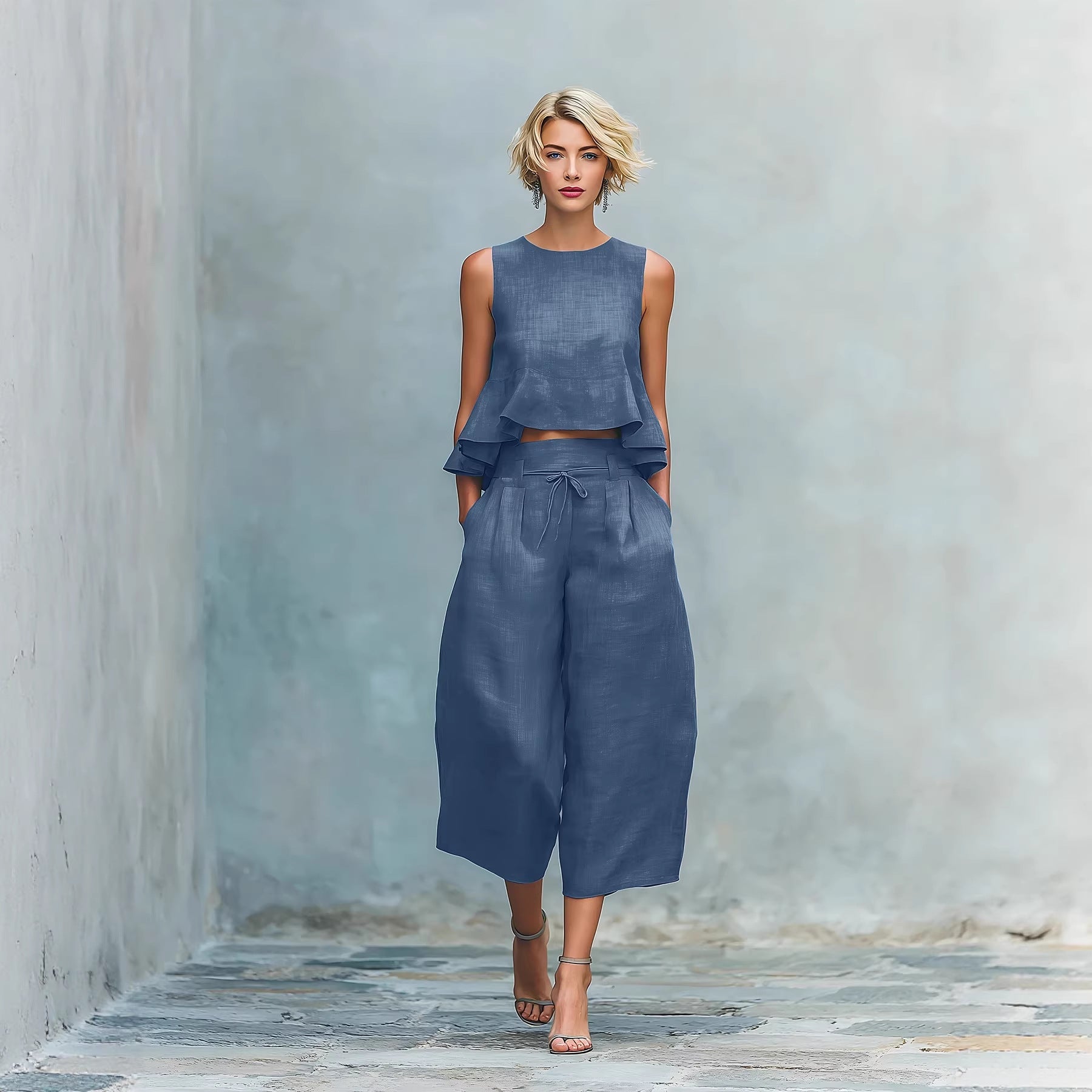 Women’s Linen-Blend Sleeveless Two Piece Set with Ruffled Detailing FitiqueFit
