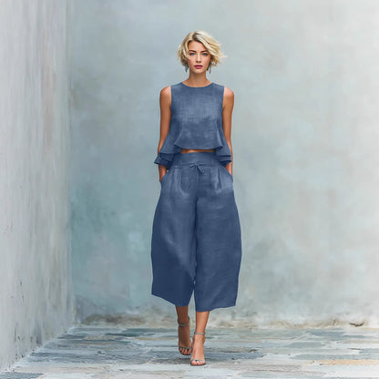 Women’s Linen-Blend Sleeveless Two Piece Set with Ruffled Detailing FitiqueFit