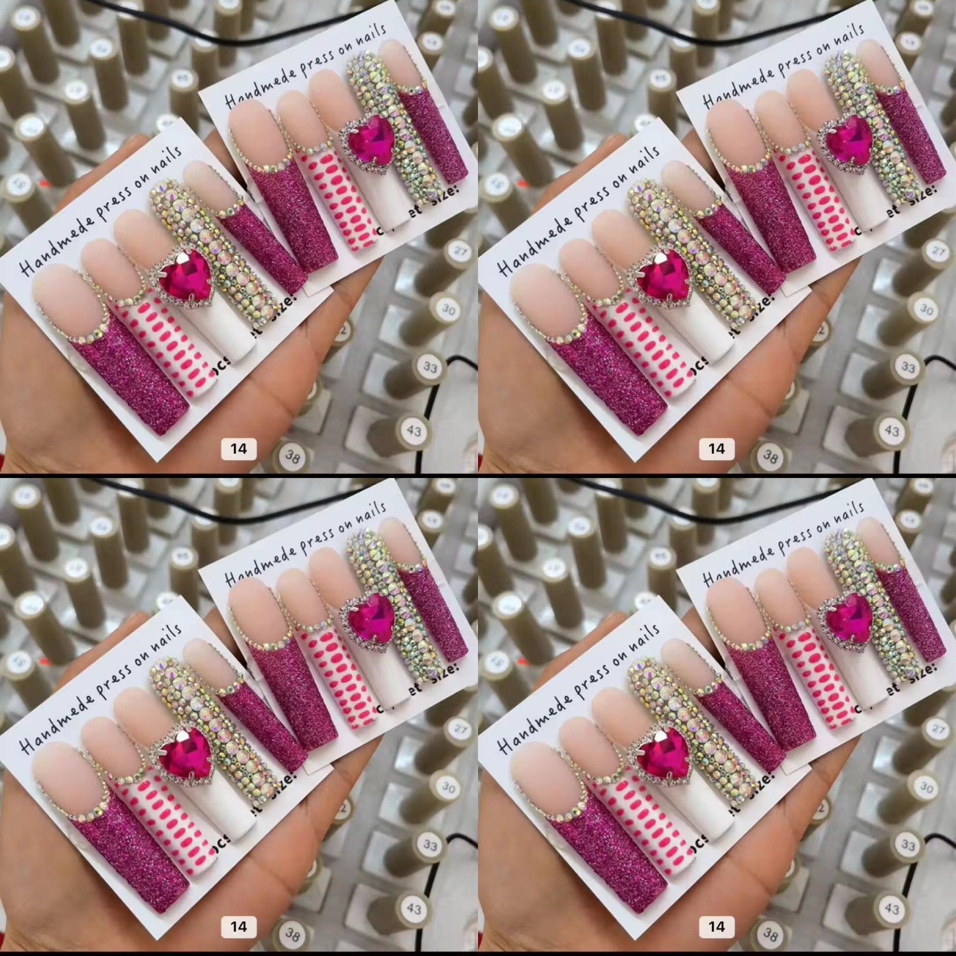 Pink long crystal press on nails HOL stores
