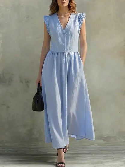 V-Neck Puff-Sleeve Dress with Pockets – Cotton Linen, 7 Colors FitiqueFit