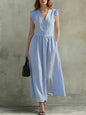 V-Neck Puff-Sleeve Dress with Pockets – Cotton Linen, 7 Colors FitiqueFit