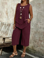 Casual Solid-Colored Sleeveless Top And Cropped Pants Two-Piece Set FitiqueFit