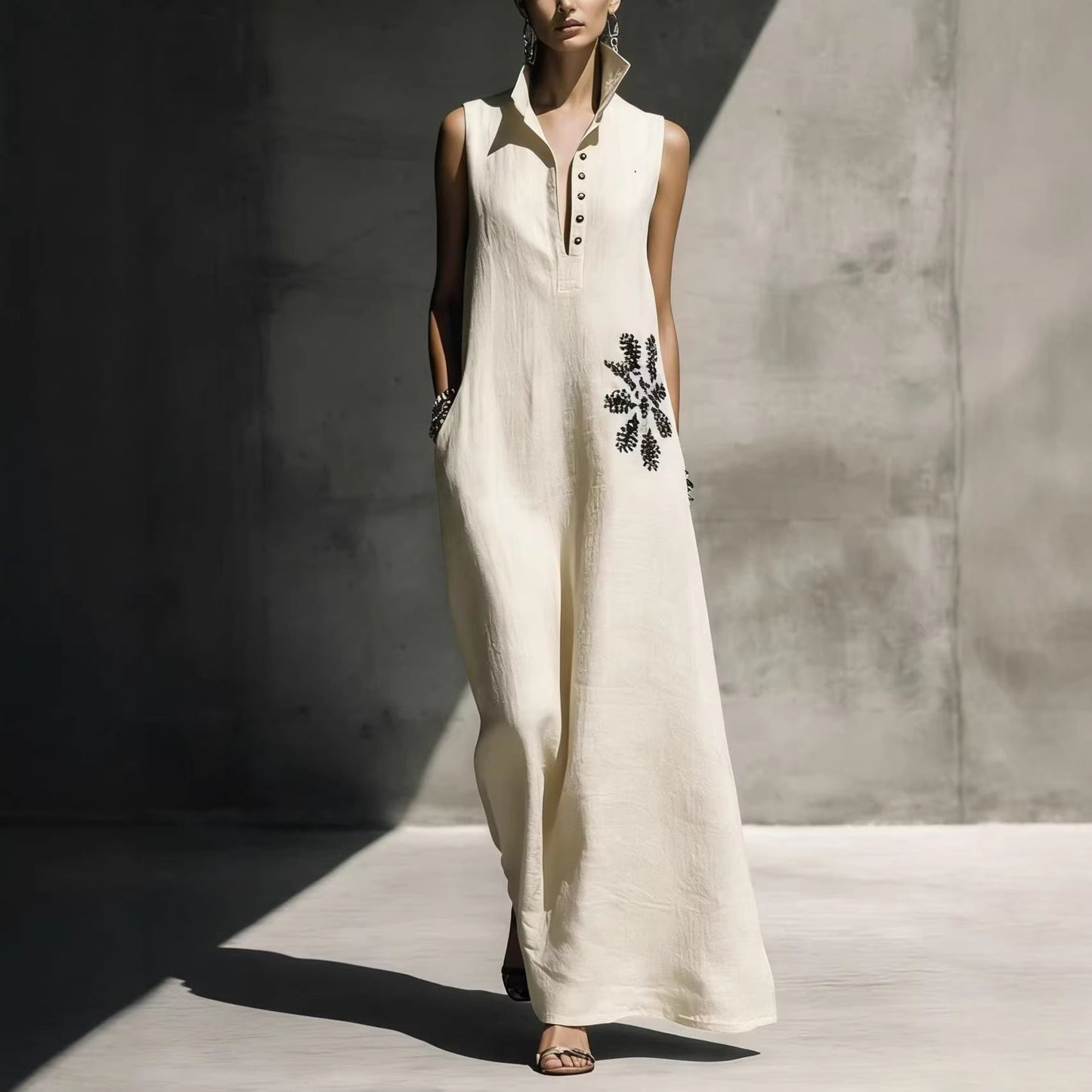 Women's Cotton Linen Mandarin Collar Maxi Dress – Graphic Print with Pockets FitiqueFit