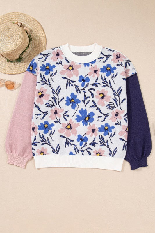 Floral Panel Colorblock Sleeve Crewneck Sweater Shop Style & More | Fresh Looks, Everyday Deals & Free Shipping