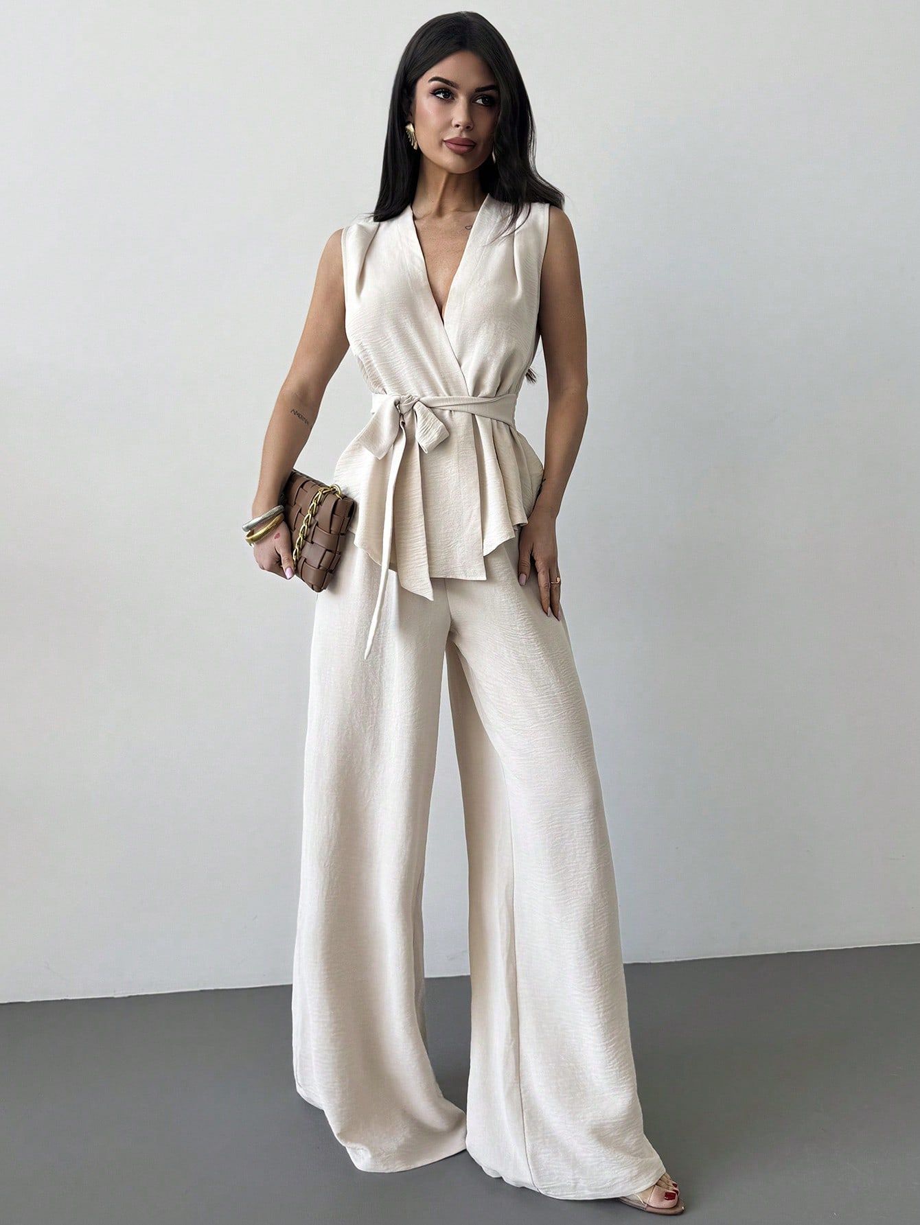 Women's Lace-Up V-Neck Vest & Pants Two-Piece Set – Elegant Commuter FitiqueFit