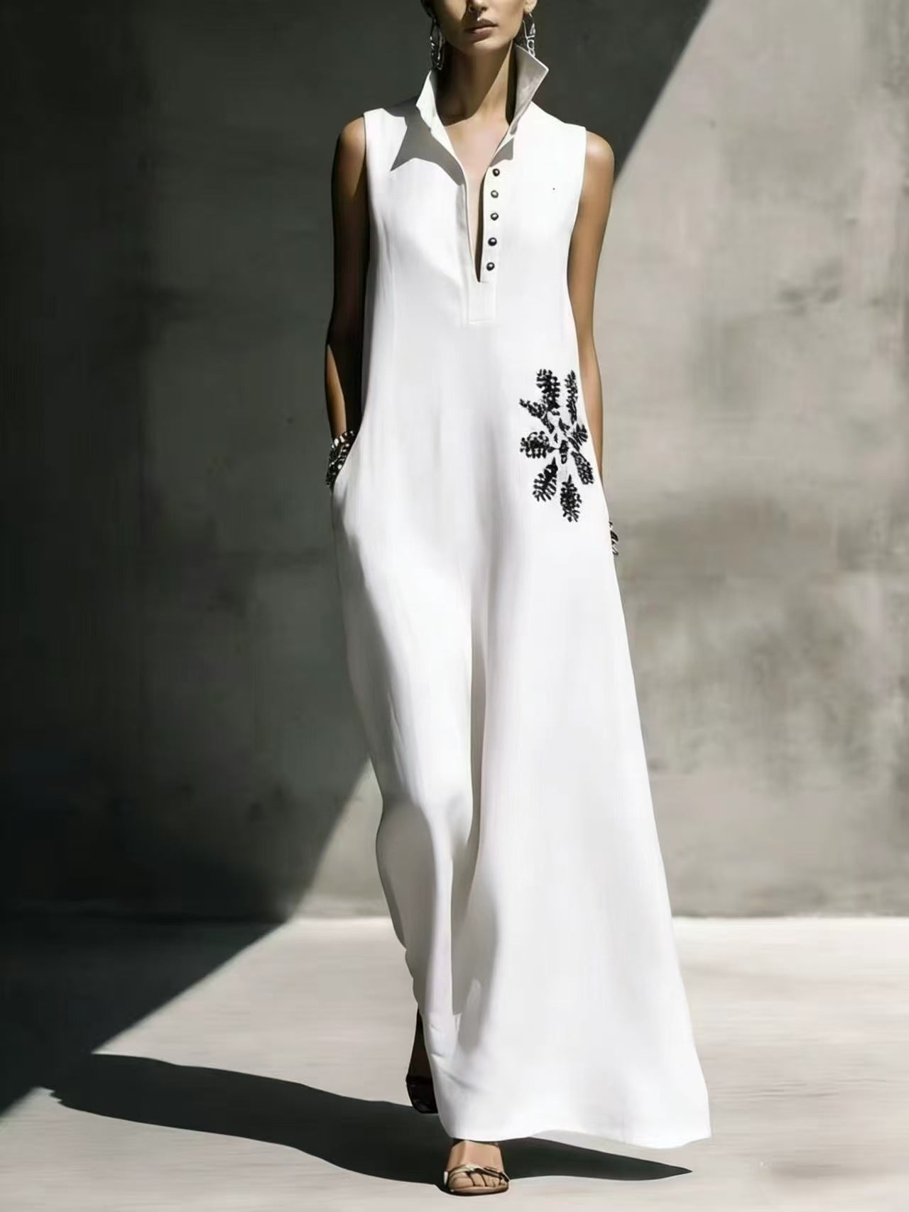 Women's Cotton Linen Mandarin Collar Maxi Dress – Graphic Print with Pockets FitiqueFit