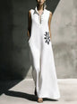 Women's Cotton Linen Mandarin Collar Maxi Dress – Graphic Print with Pockets FitiqueFit