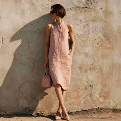 Women's Sleeveless A-Line Midi Dress – Solid Color Cotton Linen Casual FitiqueFit