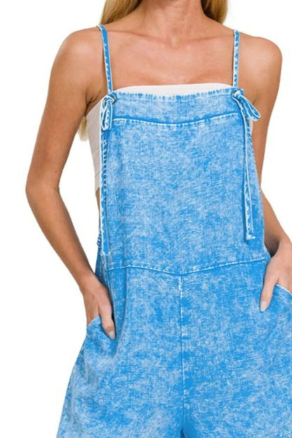 Zenana Washed Linen Knot Strap Rompers West2East Surf
