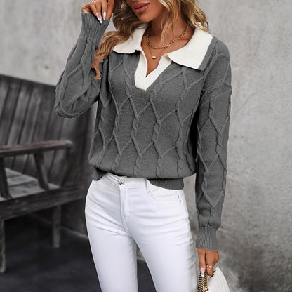 🧶 Women’s Lapel V-Neck Color-Block Long-Sleeve Pullover Sweater FitiqueFit