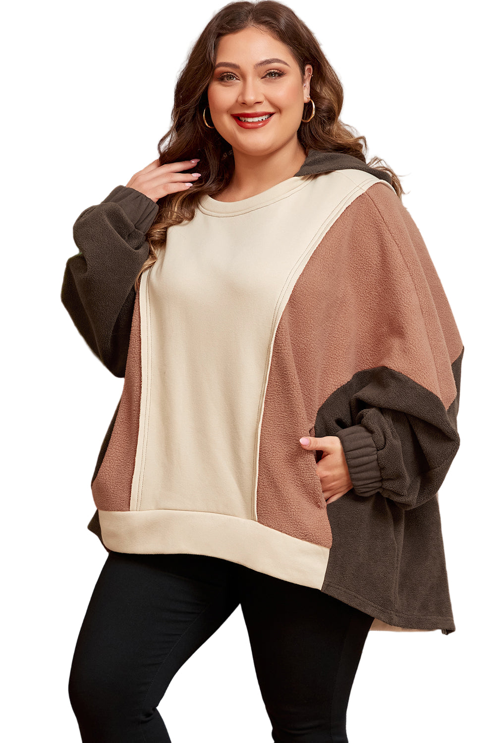 Brown Exposed Seam Colorblock Plus Size Hoodie Garden Naked Curves
