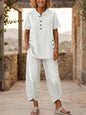 Women's Lapel Button-Up Top & Pants Two-Piece Set – Three-Quarter Sleeve FitiqueFit