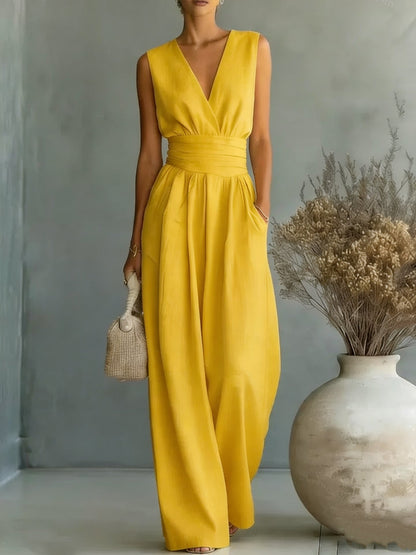 Women's Elegant V-Neck Sleeveless Jumpsuit – Waist-Cinching Straight Leg FitiqueFit