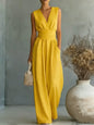 Women's Elegant V-Neck Sleeveless Jumpsuit – Waist-Cinching Straight Leg FitiqueFit