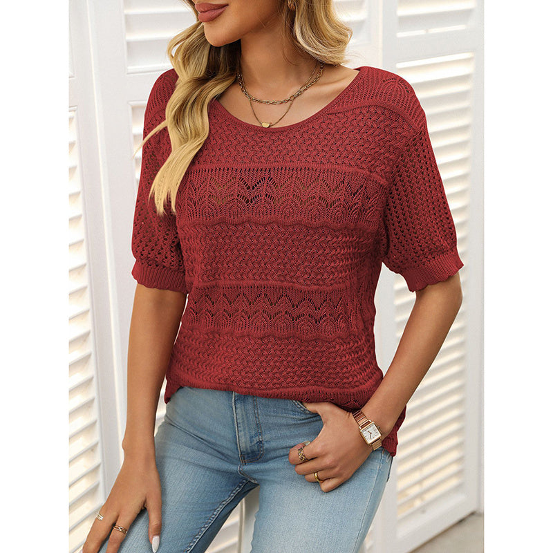 Women’s Short Sleeve Crochet Knit Hollow-Out Top FitiqueFit