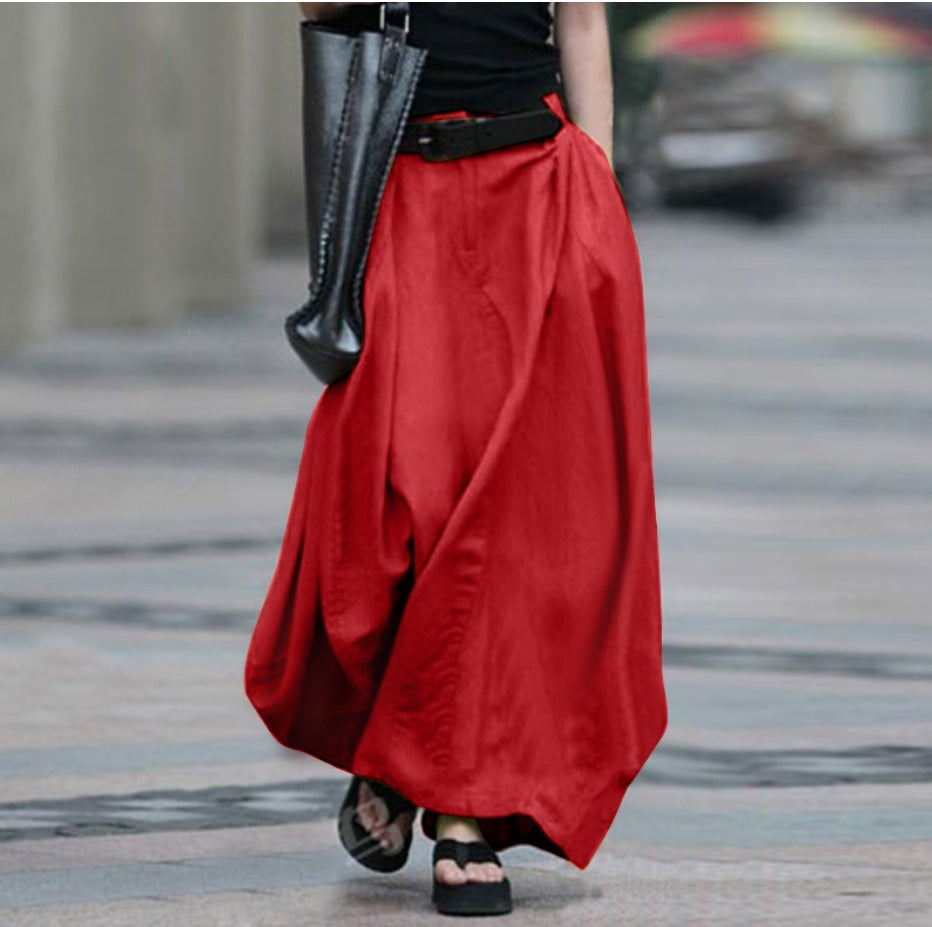 Women's High-Waist Flared Maxi Skirt – Solid Color Cotton Linen with Pockets FitiqueFit