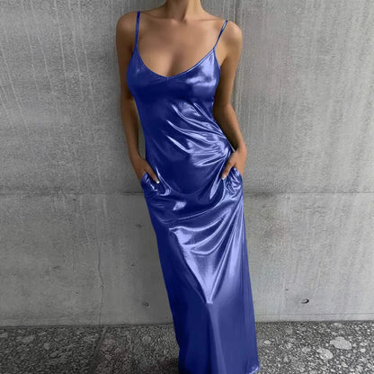 Textured Mirror-Finish U-Neck Slip Maxi Dress with Pockets FitiqueFit