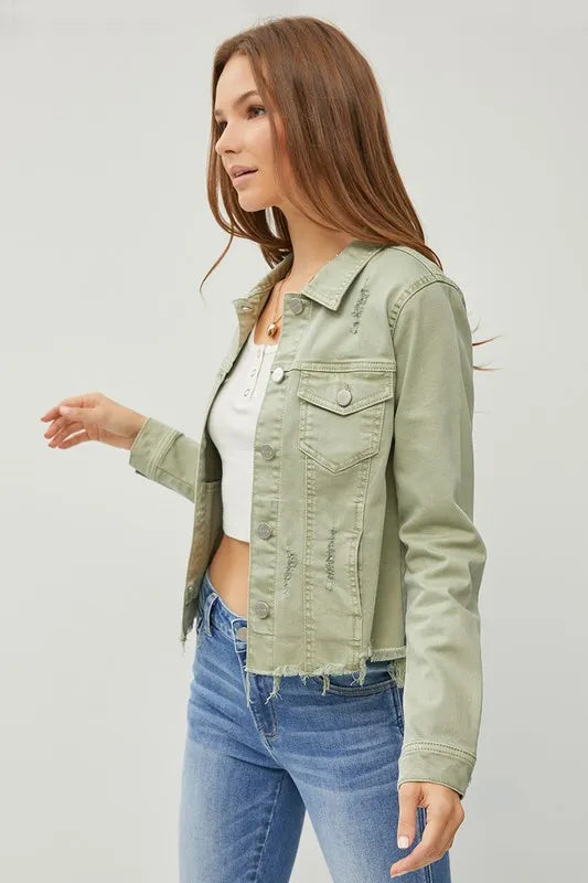 RISEN Full Size Raw Hem Button Up Cropped Denim Jacket Plus Size West2East Surf