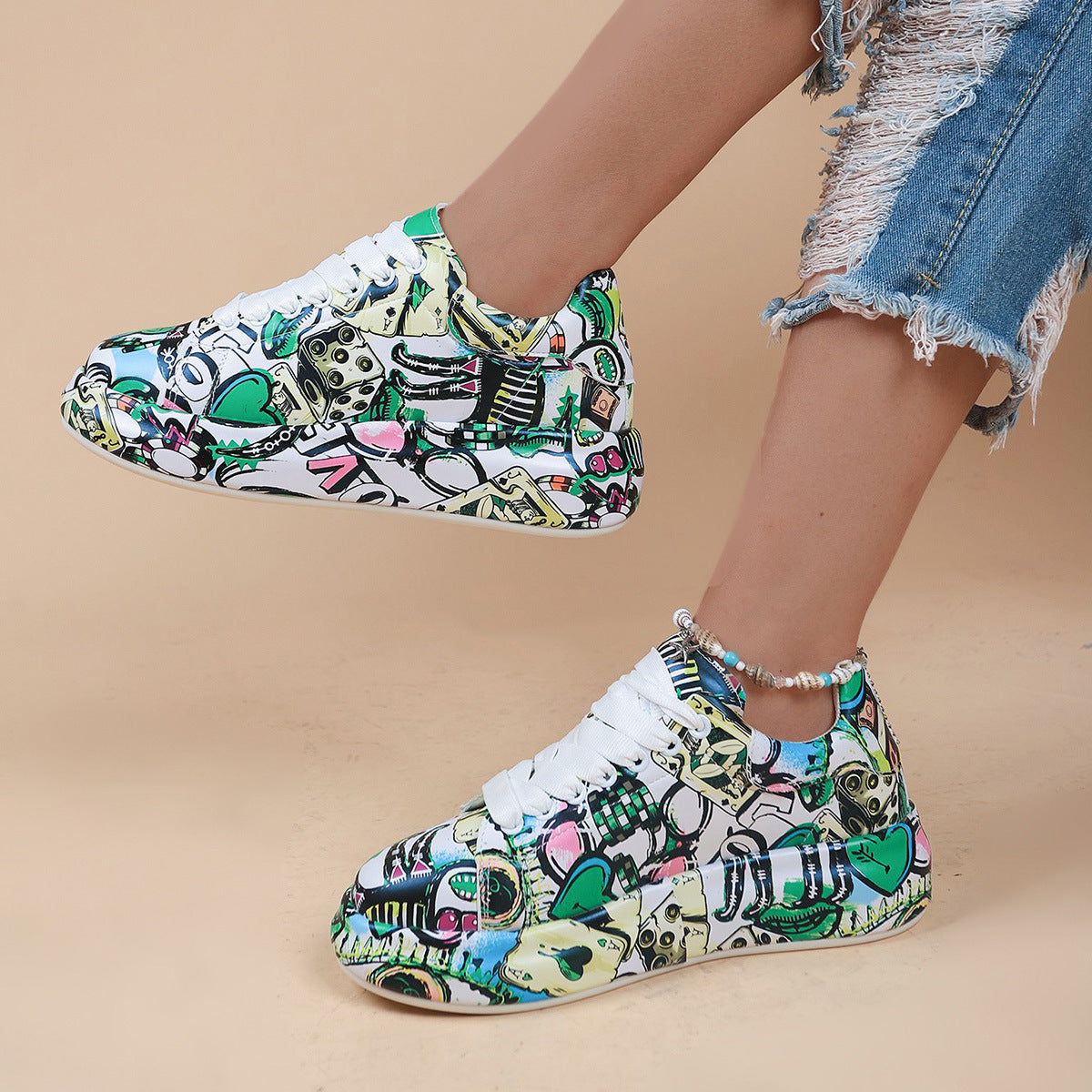 Round-Toe Thick-Sole Lace-Up Sneakers — Women’s Casual Print Shoes FitiqueFit