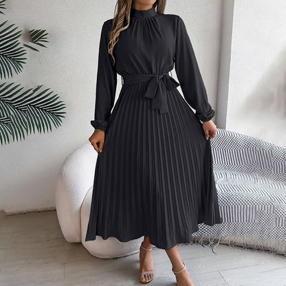 Elegant High Neck Long Sleeve Pleated Maxi Dress - Solid Color Flowy Dress For Women, Casual To Formal Wear Grayceful LLC