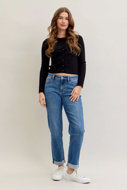 Judy Blue Full Size Mid Rise BF Classic Cuffed Jeans Plus Size Garden Naked Curves