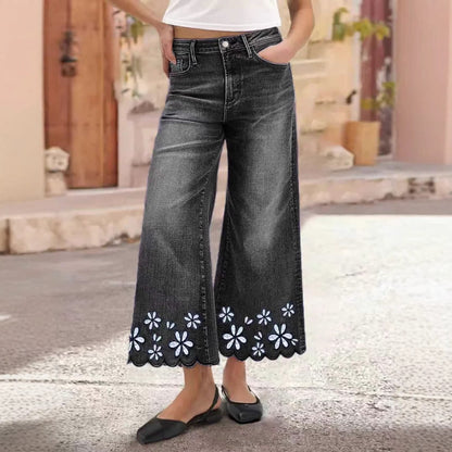 Chrysanthemum Embroidered Cropped Denim Jeans – Women's Loose Straight-Leg FitiqueFit