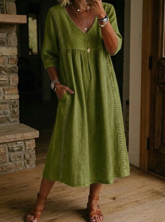 Women's Linen Cotton V-Neck Dress – Lace Trim, Loose Fit, 7 Colors FitiqueFit