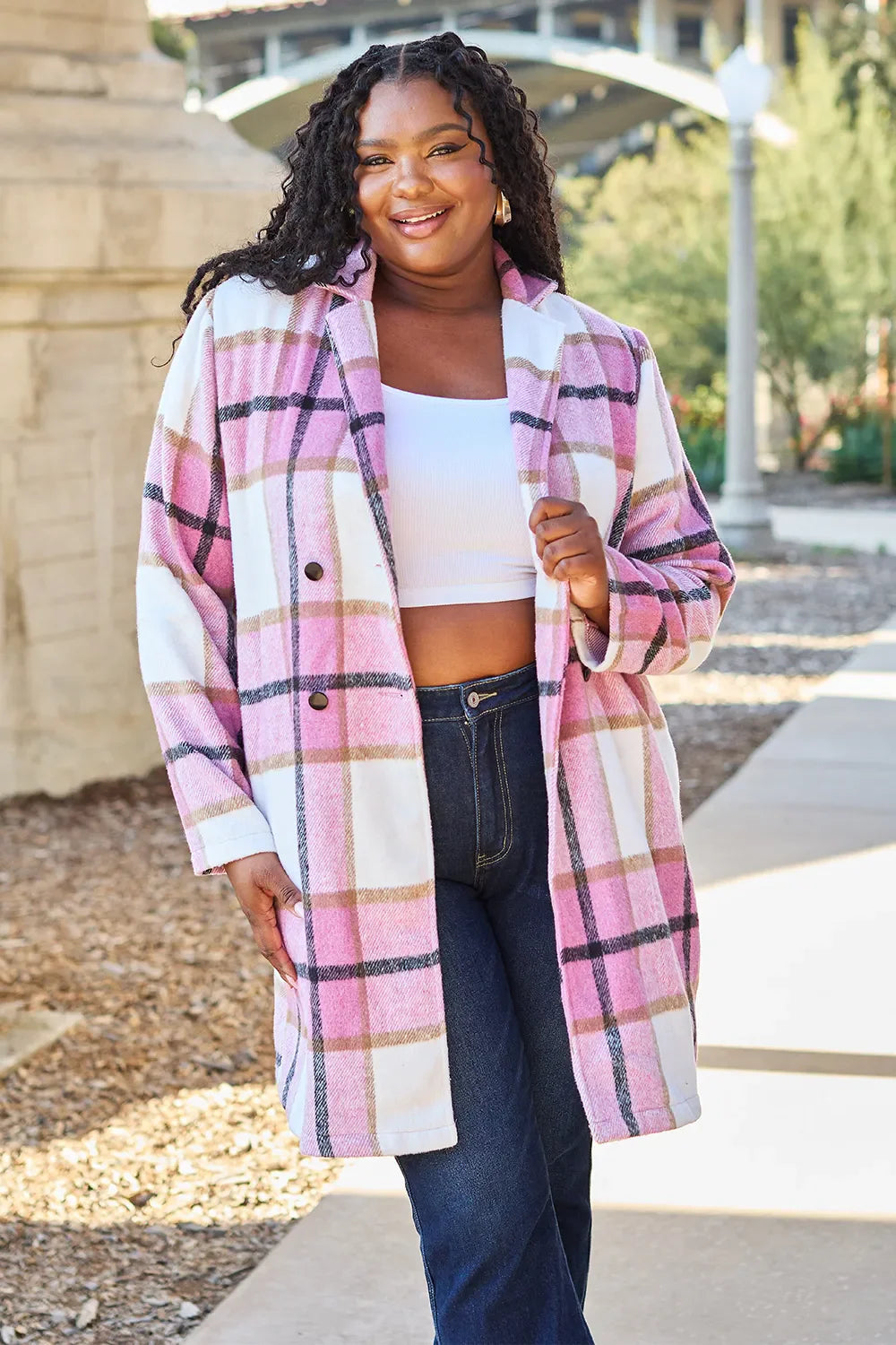 Double Take Full Size Plaid Button Up Lapel Collar Coat West2East Surf