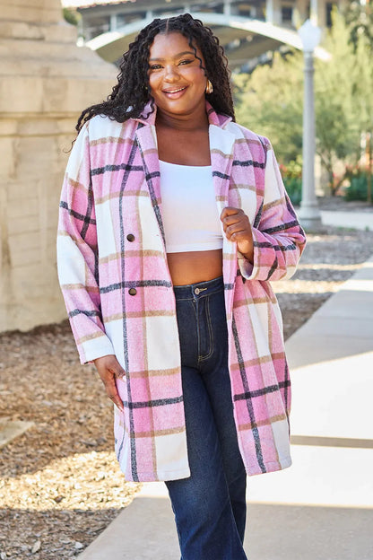 Double Take Full Size Plaid Button Up Lapel Collar Coat West2East Surf